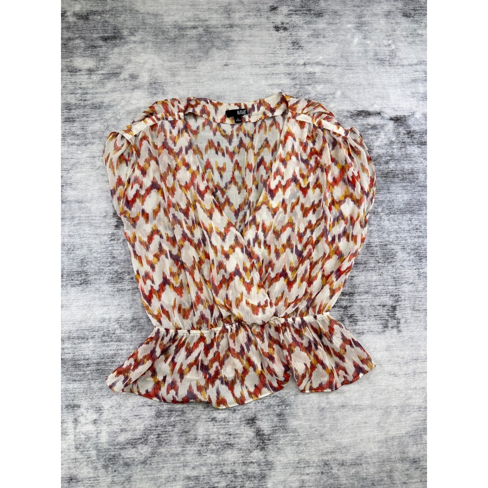ana A New Approach Women XL Ikat Chevron Peplum Blouse Surplice V-Neck Top FLAW